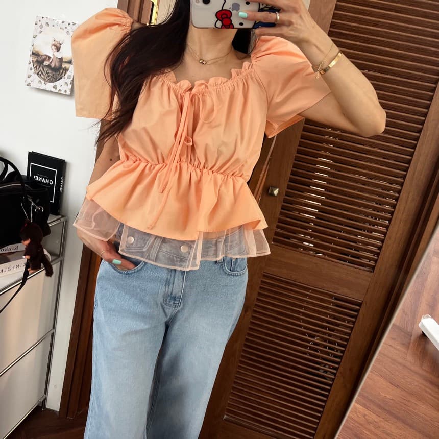 재고 있음 연령 감소 달콤함 패치워크 다용도 반팔 맨위 셔츠 상세 이미지 3