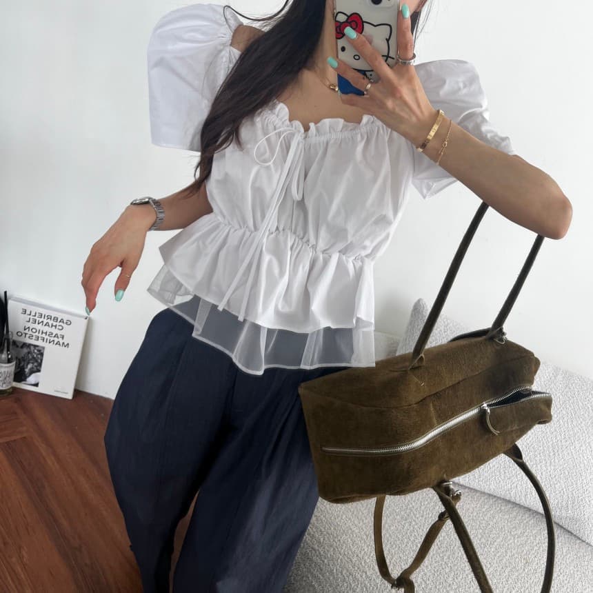 재고 있음 연령 감소 달콤함 패치워크 다용도 반팔 맨위 셔츠 상세 이미지 9