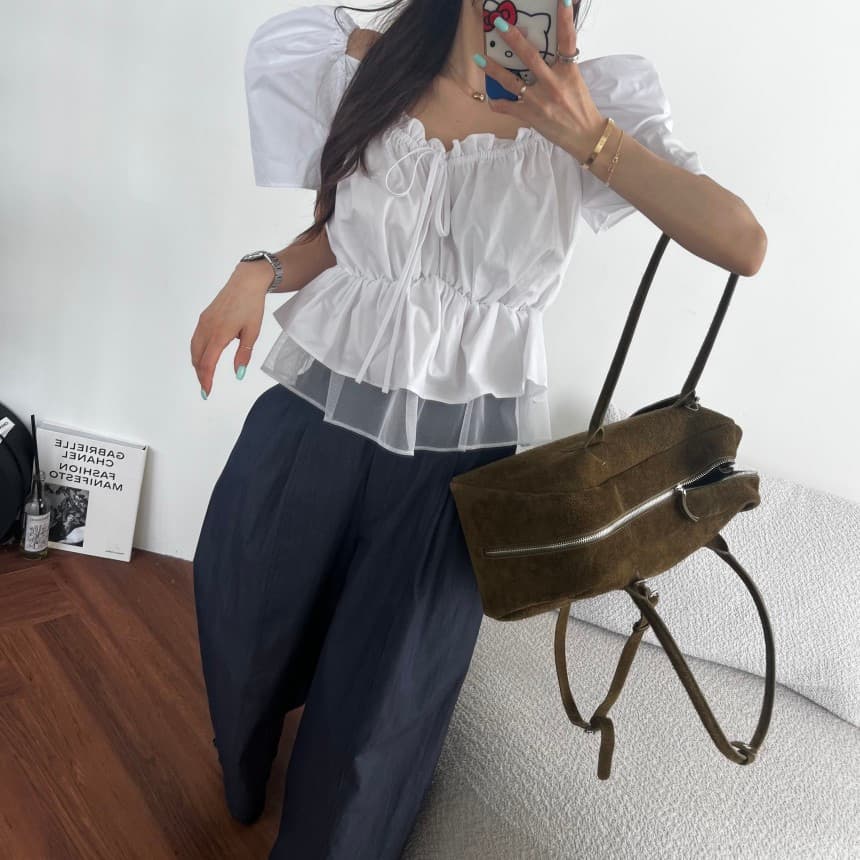 재고 있음 연령 감소 달콤함 패치워크 다용도 반팔 맨위 셔츠 상세 이미지 10