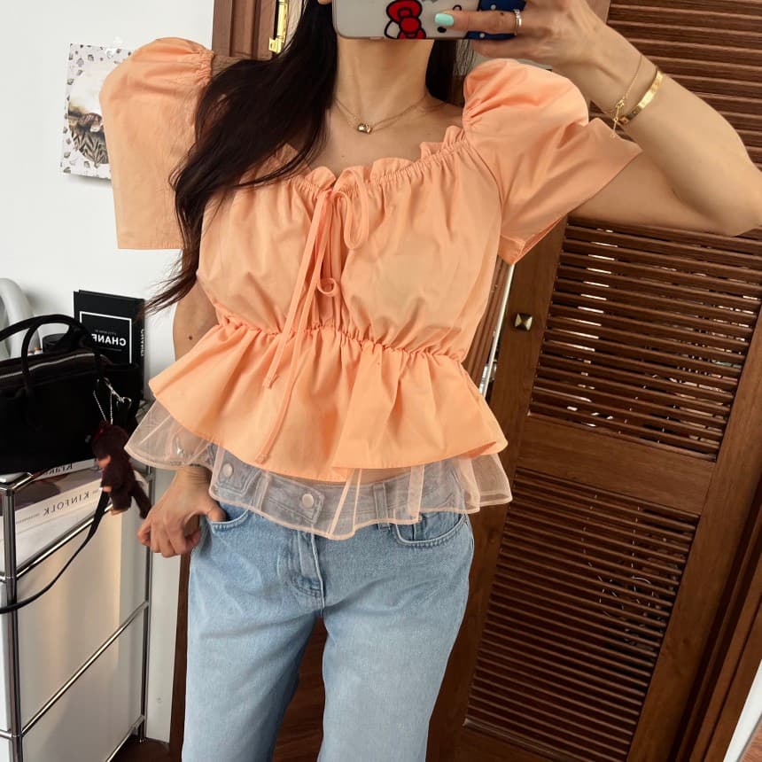 재고 있음 연령 감소 달콤함 패치워크 다용도 반팔 맨위 셔츠 상세 이미지 12