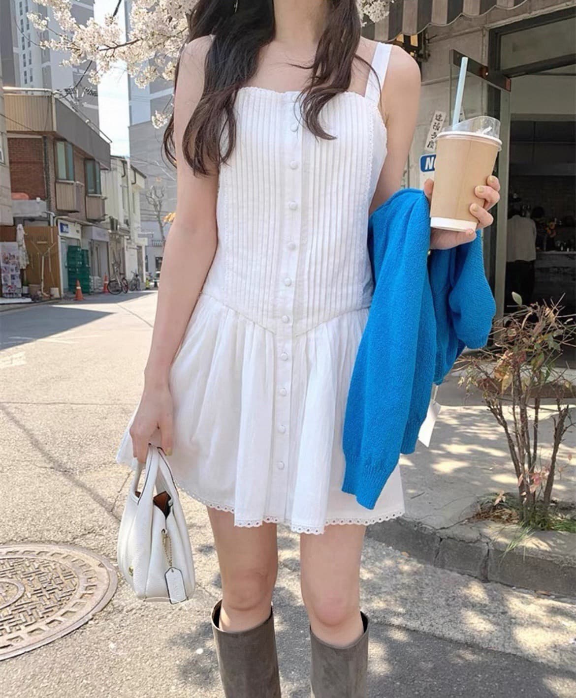 chic 한국 스타일 플리츠 광장 칼라 슬립 드레스