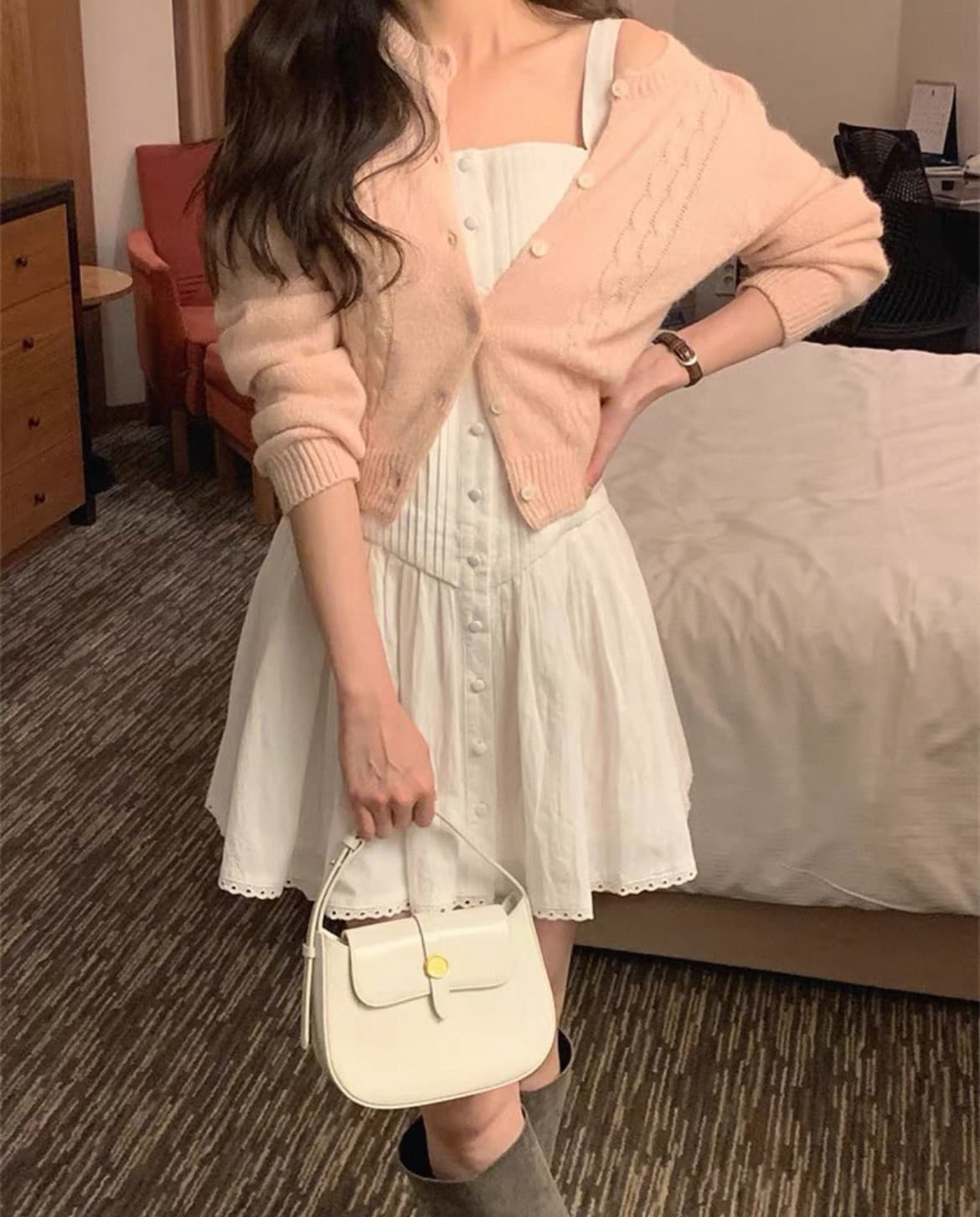 chic 한국 스타일 플리츠 광장 칼라 슬립 드레스 상세 이미지 5