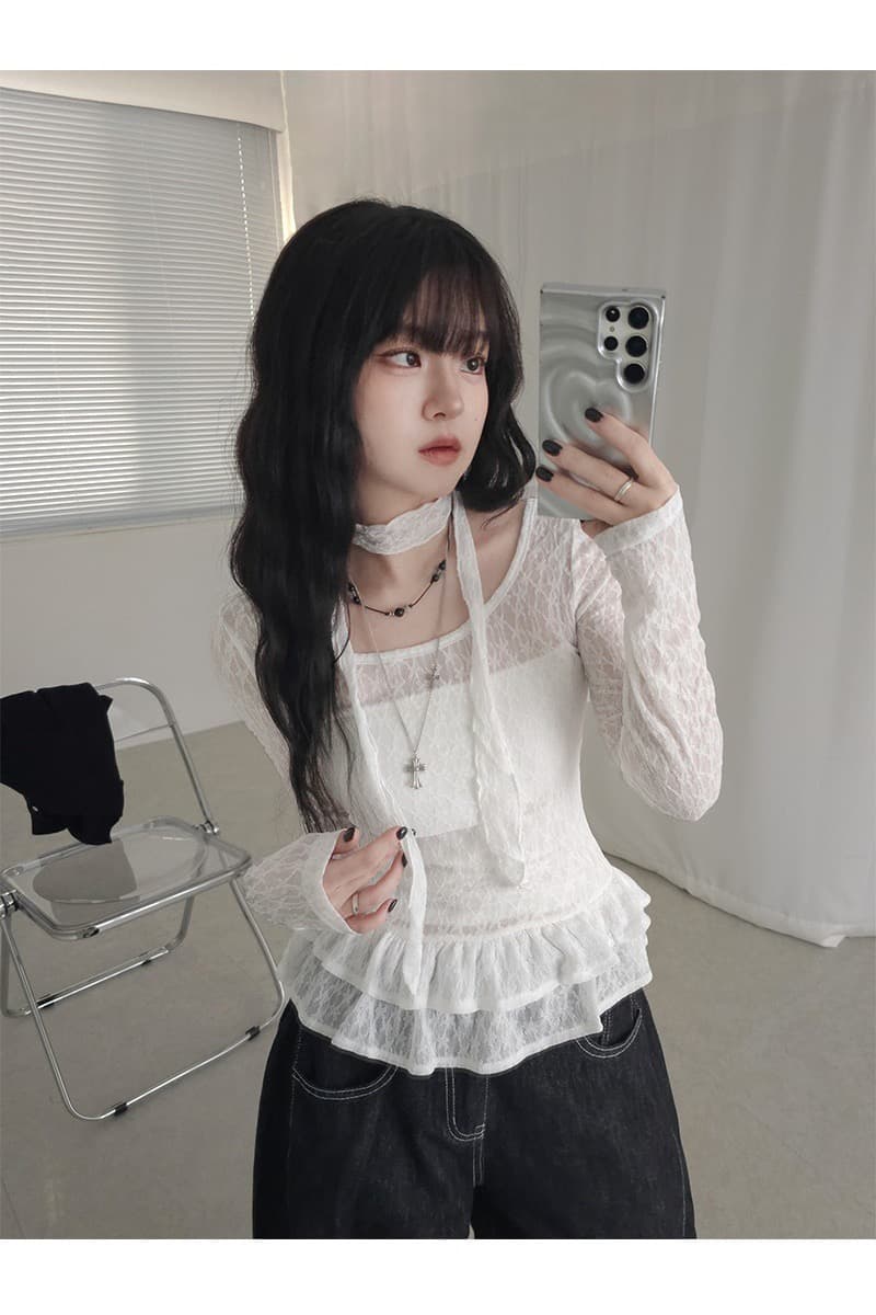 재고 있음 chic 한 부서 부드러운 레이스 치마 레이스 셔츠 포함 리본 이미지 4