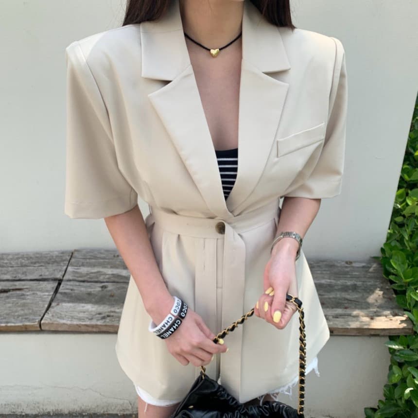 재고 있음 chic 벨트 조정 부서 버클 캐주얼 품격 ol 정장 짧은 䄂 재킷
