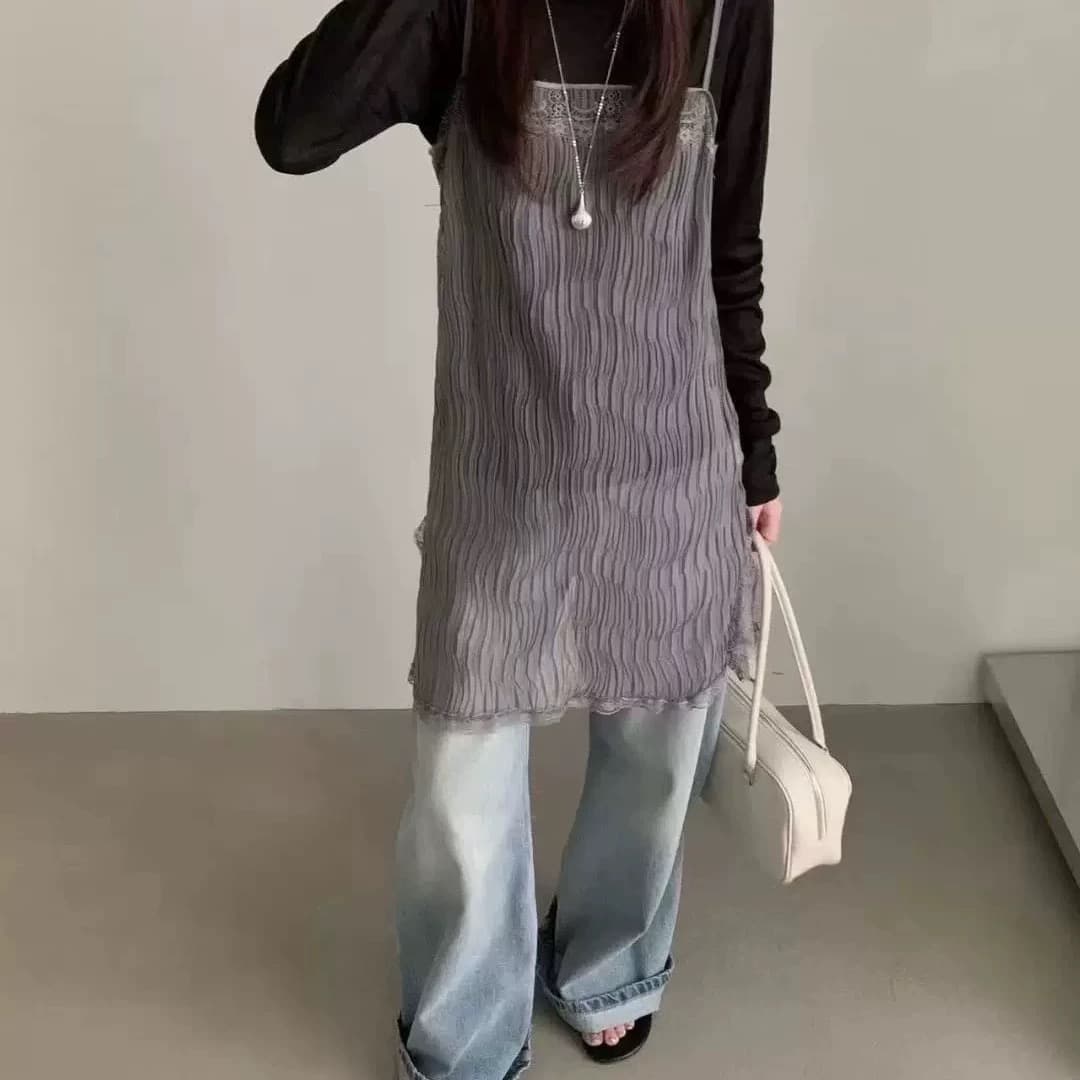 재고 있음 chic 한국 스타일 레이스 캐미솔 패치워크 인사이드 가져 가라. 스택 착용 주름 슬립 드레스 이미지 3