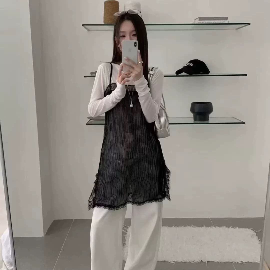 재고 있음 chic 한국 스타일 레이스 캐미솔 패치워크 인사이드 가져 가라. 스택 착용 주름 슬립 드레스 상세 이미지 2