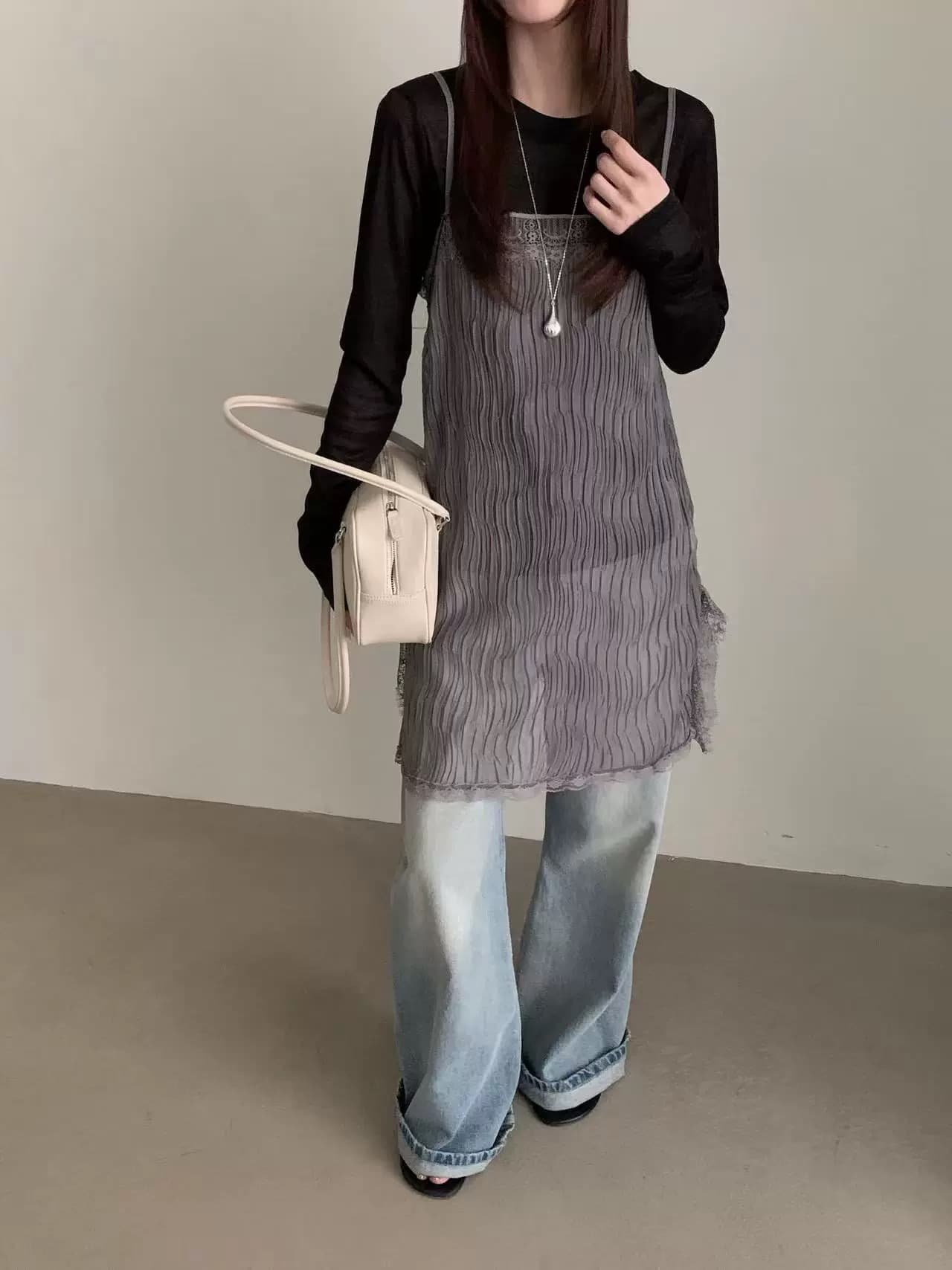 재고 있음 chic 한국 스타일 레이스 캐미솔 패치워크 인사이드 가져 가라. 스택 착용 주름 슬립 드레스 상세 이미지 5