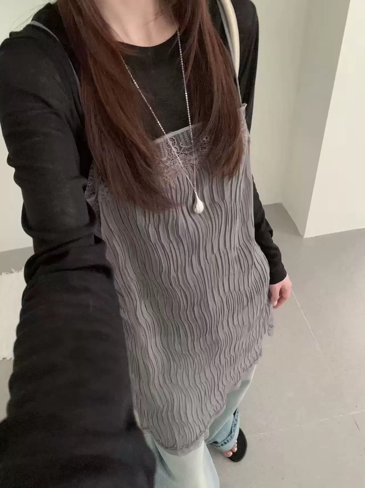 재고 있음 chic 한국 스타일 레이스 캐미솔 패치워크 인사이드 가져 가라. 스택 착용 주름 슬립 드레스 상세 이미지 7
