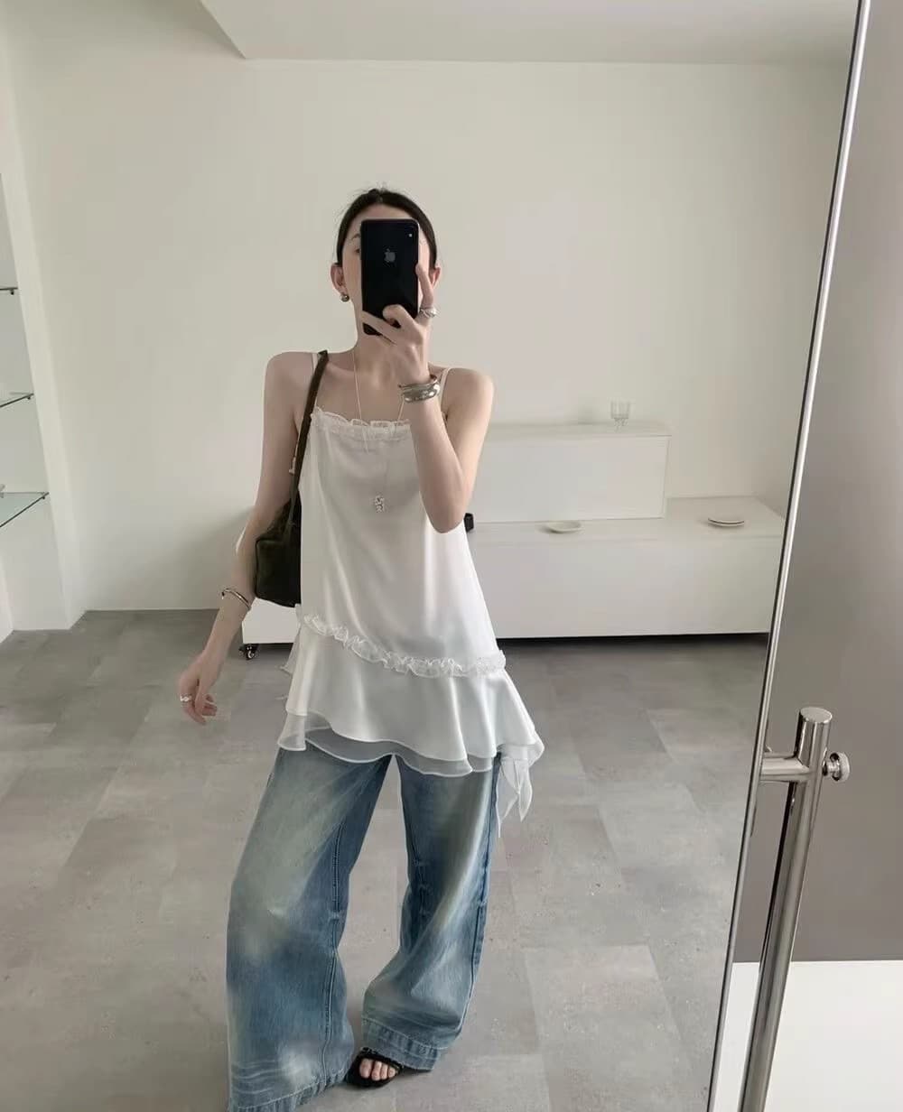 chic 한국 스타일 패션 단조 얼굴 다용도 슬림해 보이는 레이스 조각 슬립 여성 루즈핏 다용도 드레스 상세 이미지 5