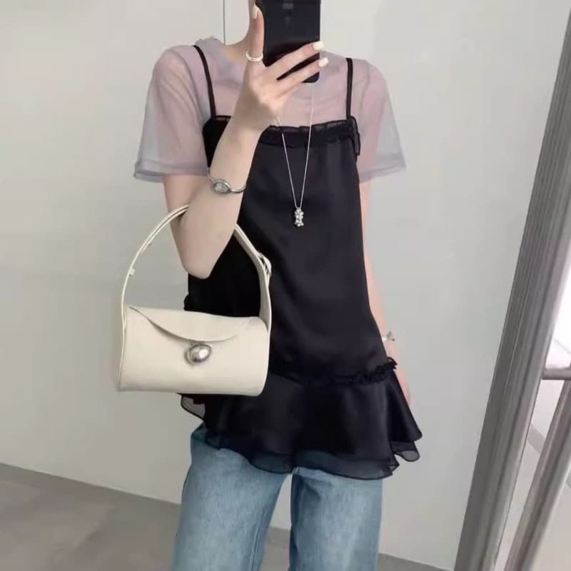 chic 한국 스타일 패션 단조 얼굴 다용도 슬림해 보이는 레이스 조각 슬립 여성 루즈핏 다용도 드레스 상세 이미지 8