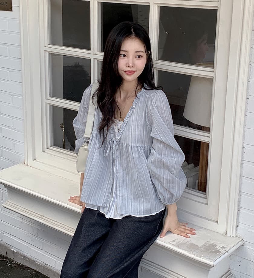 재고 있음 chic 한 부서 봄 달콤함 페이크 레이어드 긴팔 프릴 긴팔 스트라이프 셔츠 상세 이미지 3