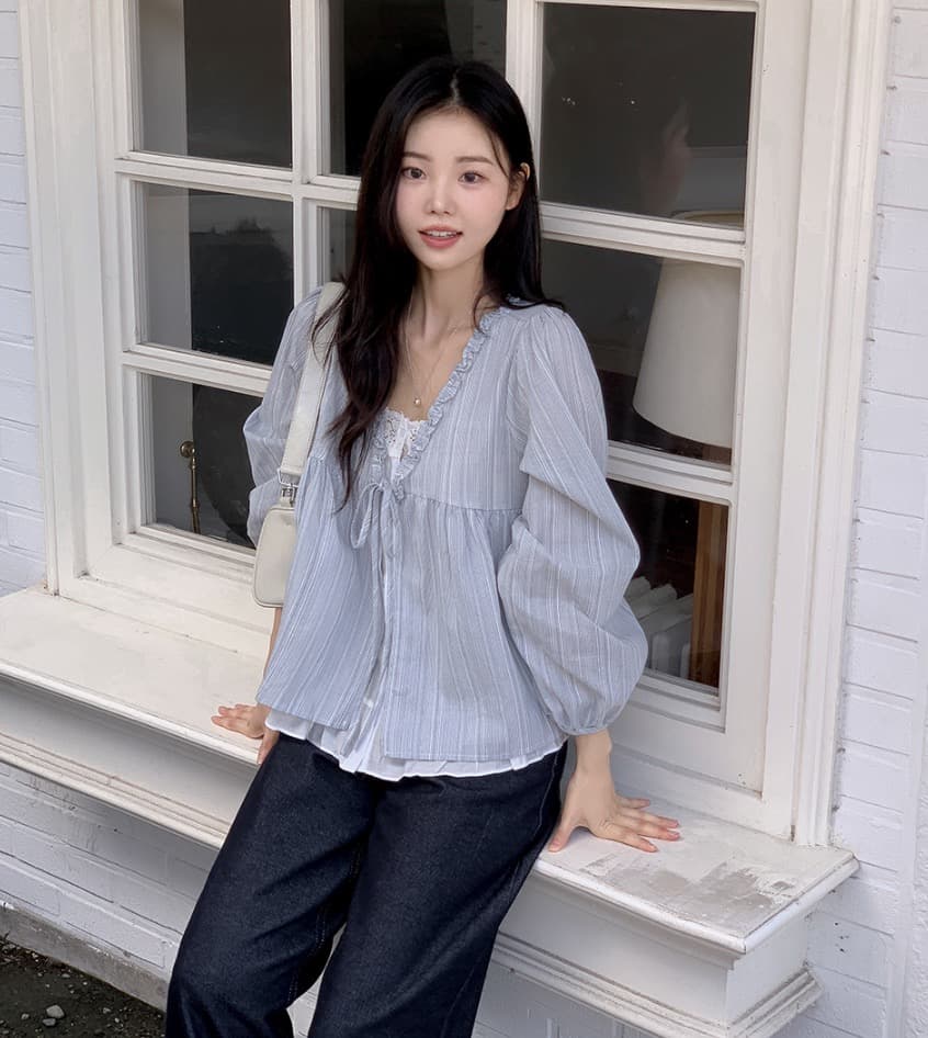 재고 있음 chic 한 부서 봄 달콤함 페이크 레이어드 긴팔 프릴 긴팔 스트라이프 셔츠 상세 이미지 4