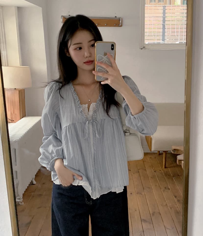 재고 있음 chic 한 부서 봄 달콤함 페이크 레이어드 긴팔 프릴 긴팔 스트라이프 셔츠 상세 이미지 8