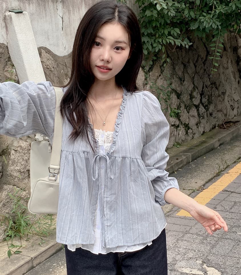 재고 있음 chic 한 부서 봄 달콤함 페이크 레이어드 긴팔 프릴 긴팔 스트라이프 셔츠 상세 이미지 9