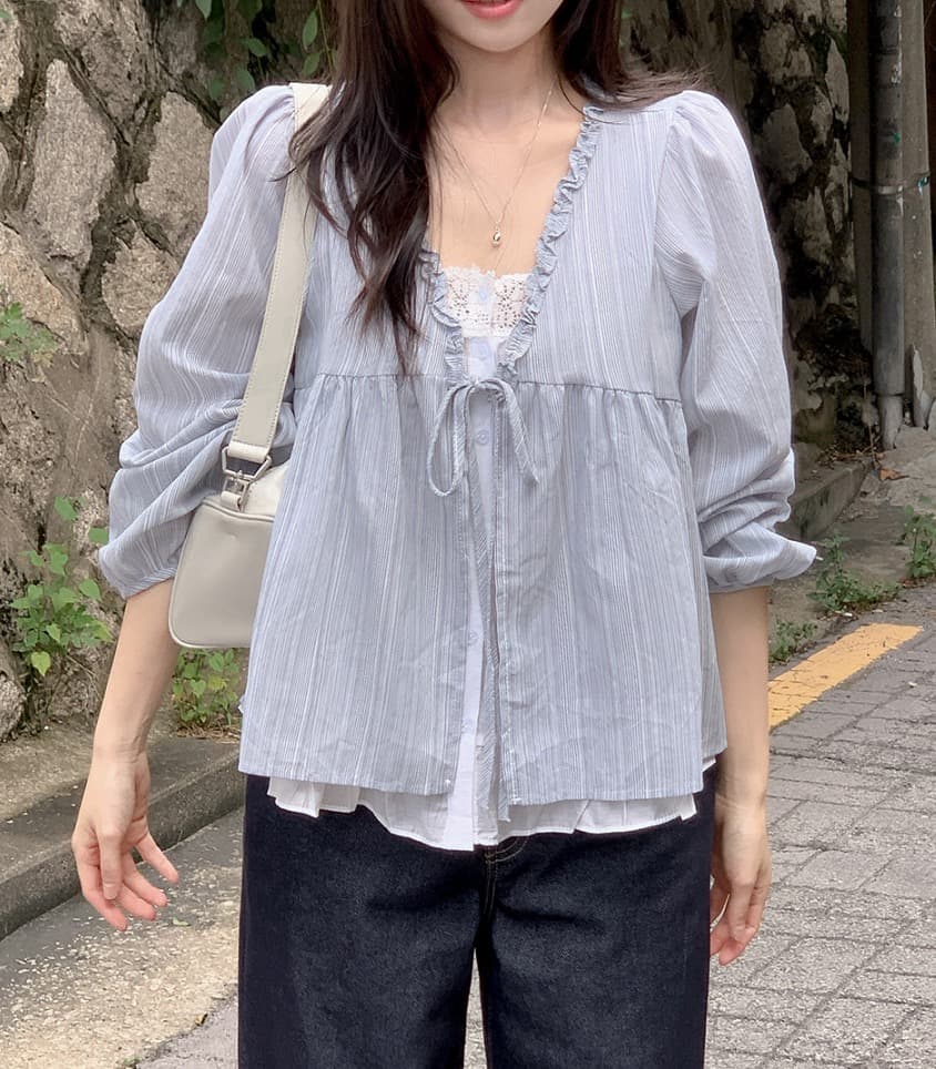 재고 있음 chic 한 부서 봄 달콤함 페이크 레이어드 긴팔 프릴 긴팔 스트라이프 셔츠 상세 이미지 10