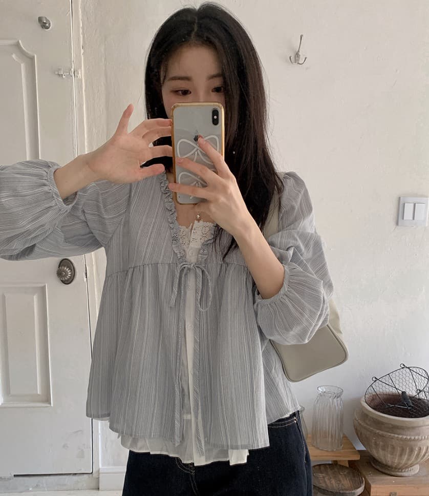 재고 있음 chic 한 부서 봄 달콤함 페이크 레이어드 긴팔 프릴 긴팔 스트라이프 셔츠 상세 이미지 12