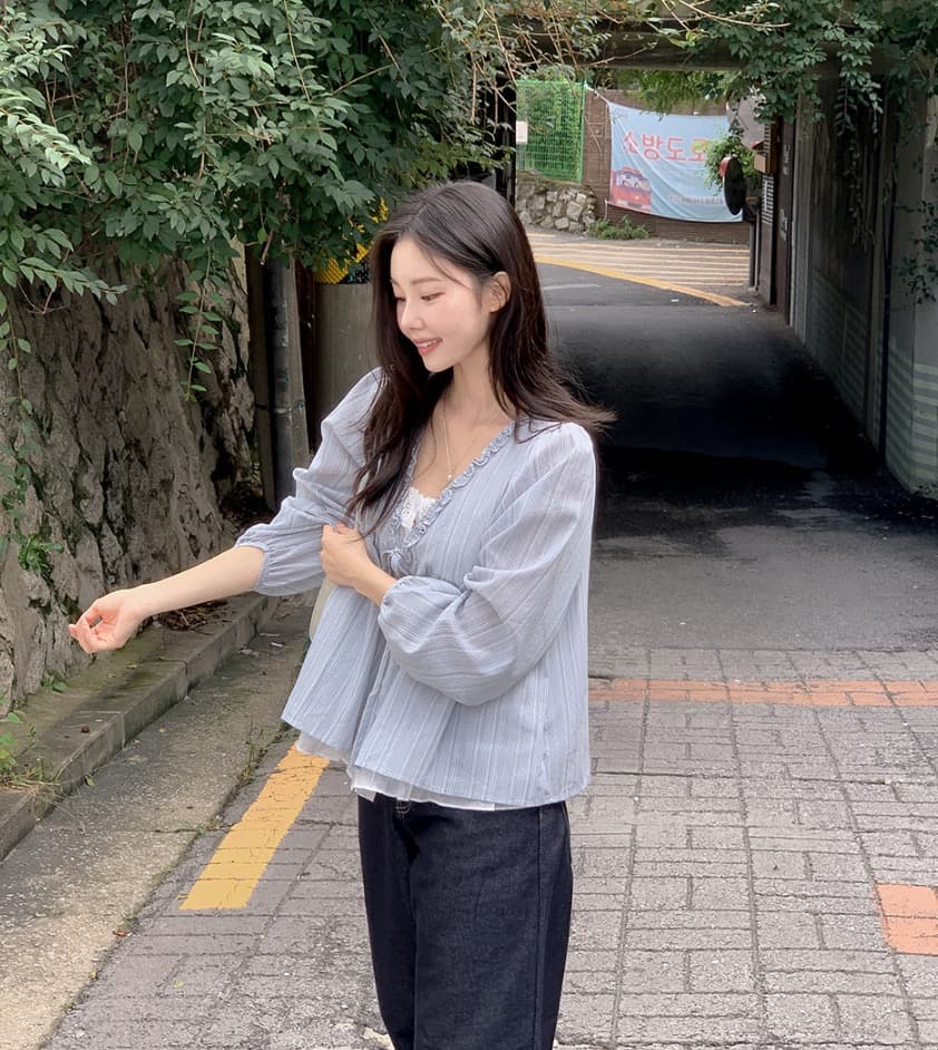 재고 있음 chic 한 부서 봄 달콤함 페이크 레이어드 긴팔 프릴 긴팔 스트라이프 셔츠 상세 이미지 20