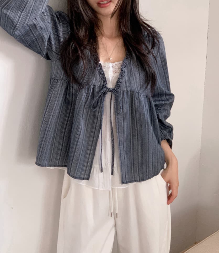 재고 있음 chic 한 부서 봄 달콤함 페이크 레이어드 긴팔 프릴 긴팔 스트라이프 셔츠 상세 이미지 26