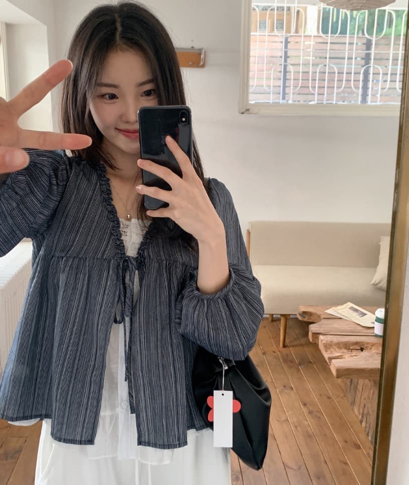 재고 있음 chic 한 부서 봄 달콤함 페이크 레이어드 긴팔 프릴 긴팔 스트라이프 셔츠 상세 이미지 30