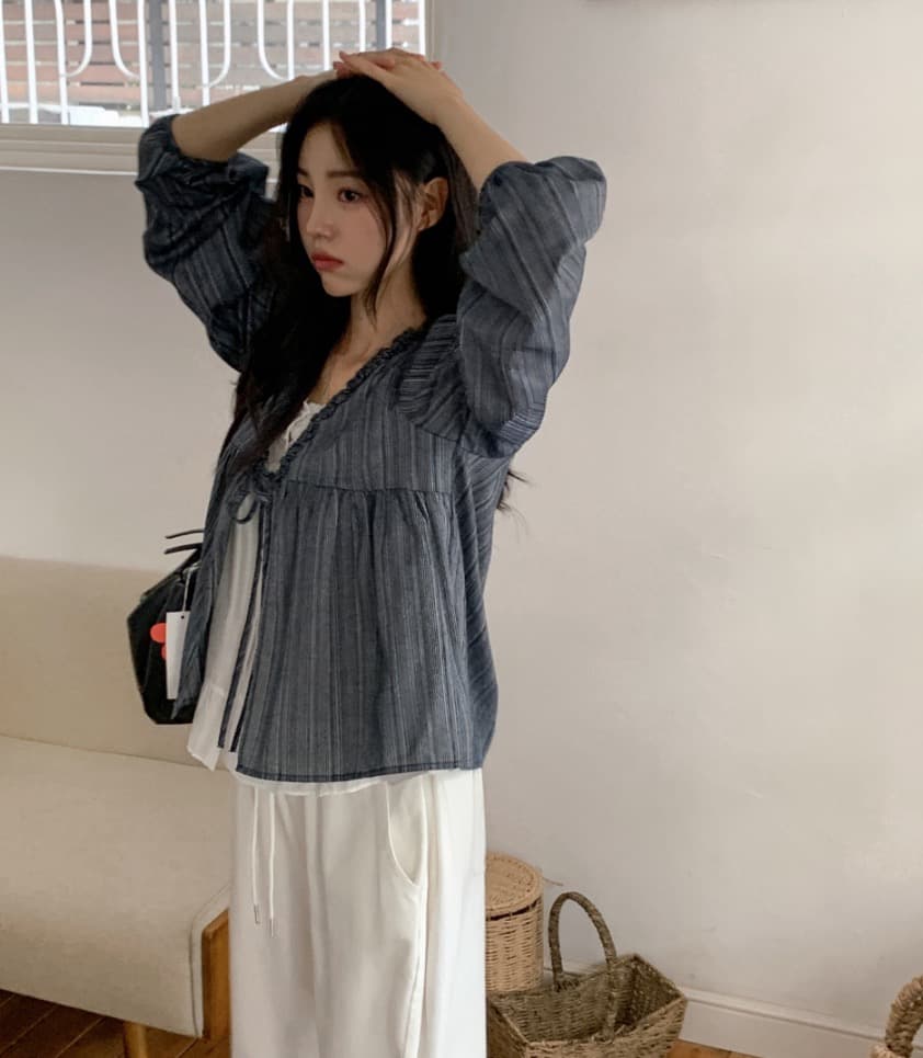 재고 있음 chic 한 부서 봄 달콤함 페이크 레이어드 긴팔 프릴 긴팔 스트라이프 셔츠 상세 이미지 31