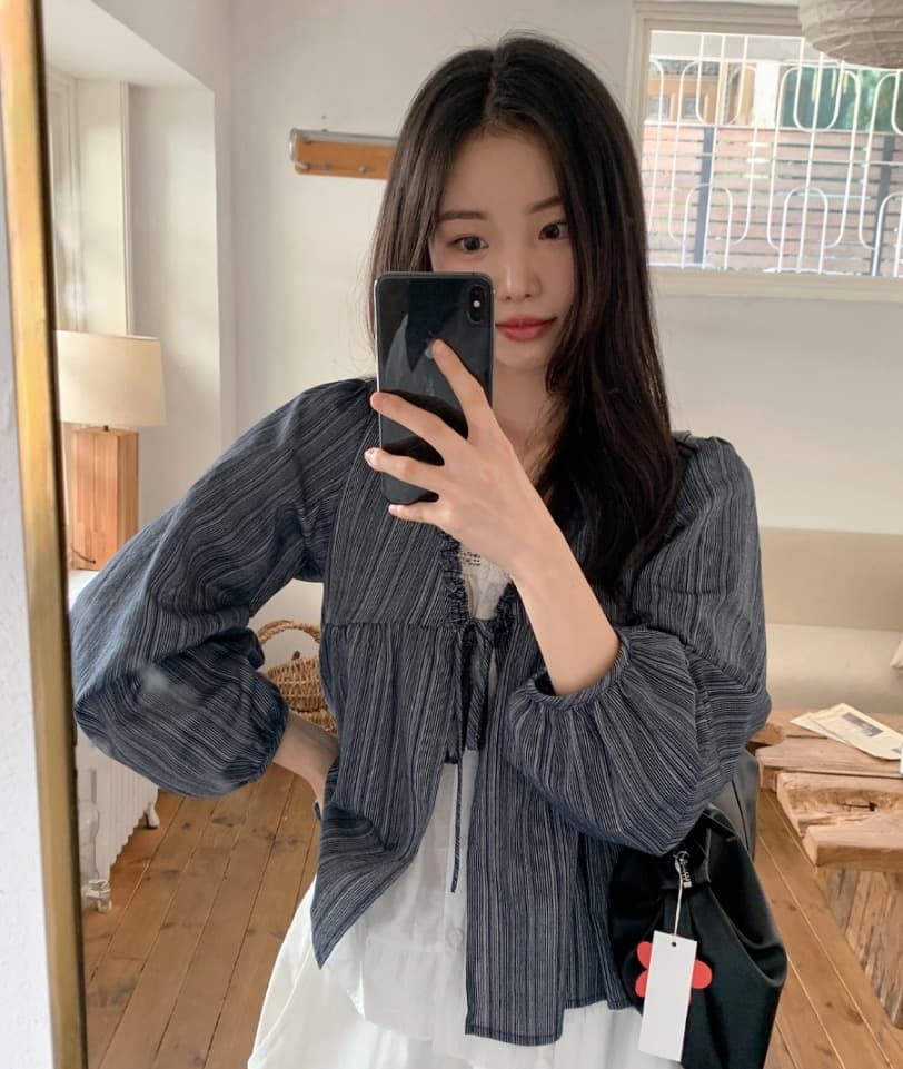 재고 있음 chic 한 부서 봄 달콤함 페이크 레이어드 긴팔 프릴 긴팔 스트라이프 셔츠 상세 이미지 33