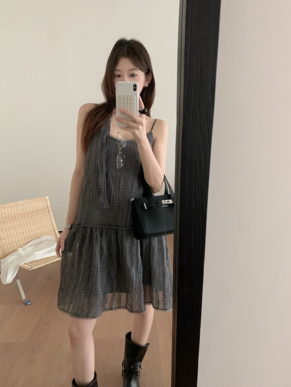 chic 한 여성 분위기 센스 우아한 질감 압력 주름 체크무늬 슬립 드레스 경기 리본 이미지 2
