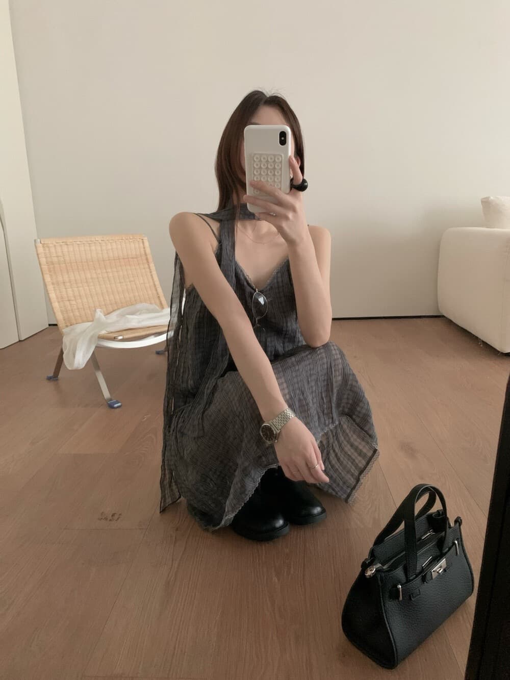 chic 한 여성 분위기 센스 우아한 질감 압력 주름 체크무늬 슬립 드레스 경기 리본 이미지 4