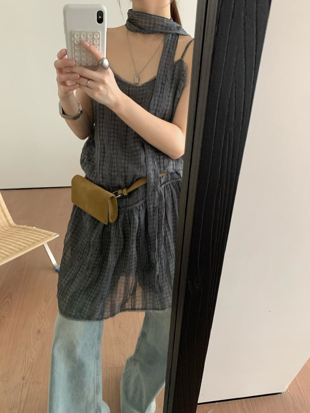 chic 한 여성 분위기 센스 우아한 질감 압력 주름 체크무늬 슬립 드레스 경기 리본 상세 이미지 1