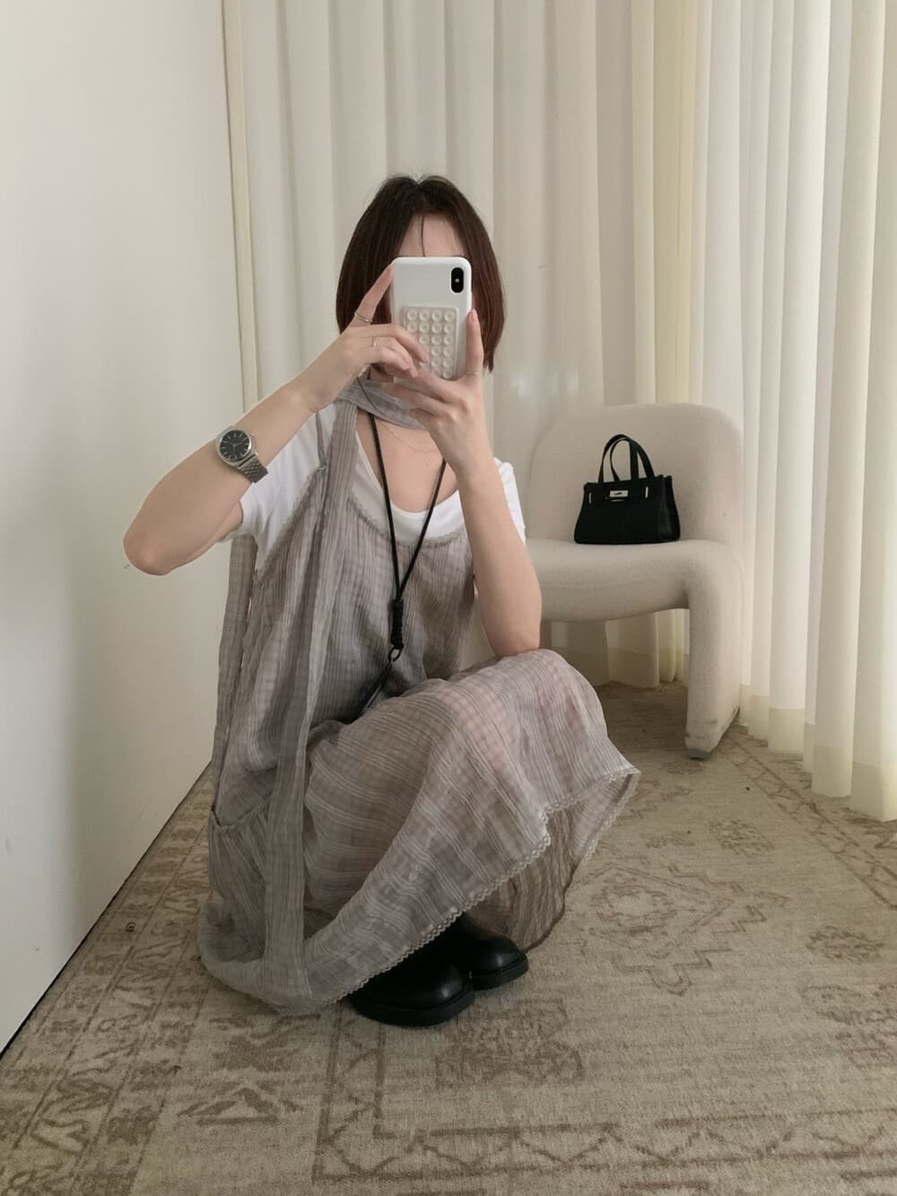 chic 한 여성 분위기 센스 우아한 질감 압력 주름 체크무늬 슬립 드레스 경기 리본 상세 이미지 8