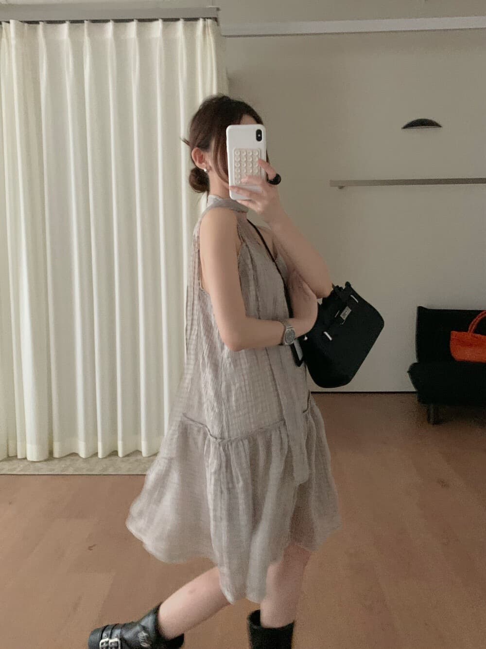 chic 한 여성 분위기 센스 우아한 질감 압력 주름 체크무늬 슬립 드레스 경기 리본 상세 이미지 10