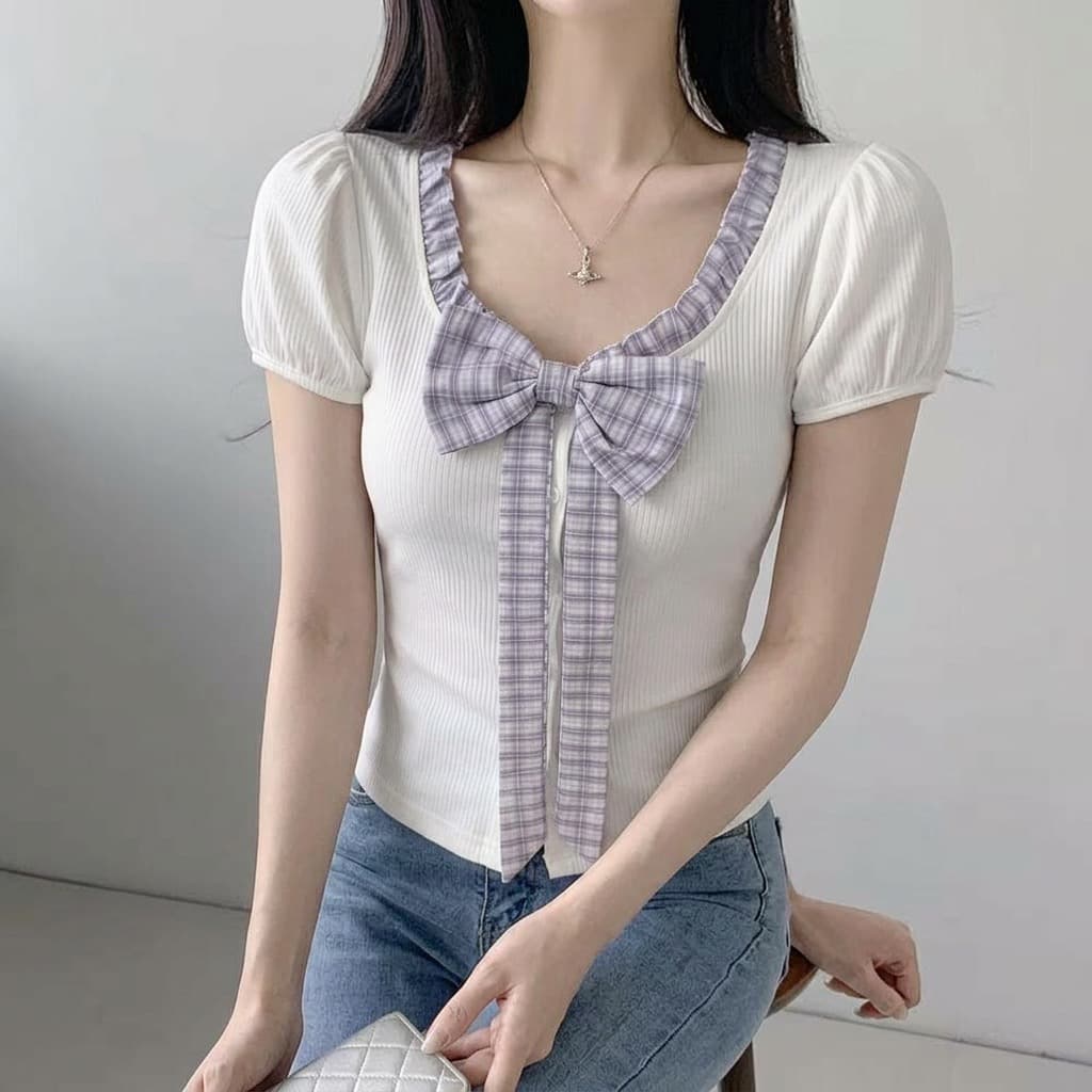 chic 학원 스타일 패치워크 나비 매듭 맨위 허리 수축 몸매 가꾸기 슬림해 보이는 티셔츠 상세 이미지 10