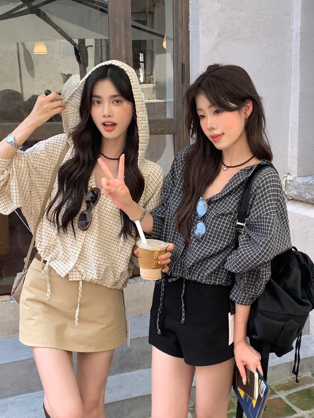 재고 있음 chic 느긋한 바람 배색 후드 체크무늬 작은 셔츠 셔츠 상세 이미지 3