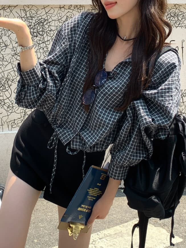 재고 있음 chic 느긋한 바람 배색 후드 체크무늬 작은 셔츠 셔츠 상세 이미지 7
