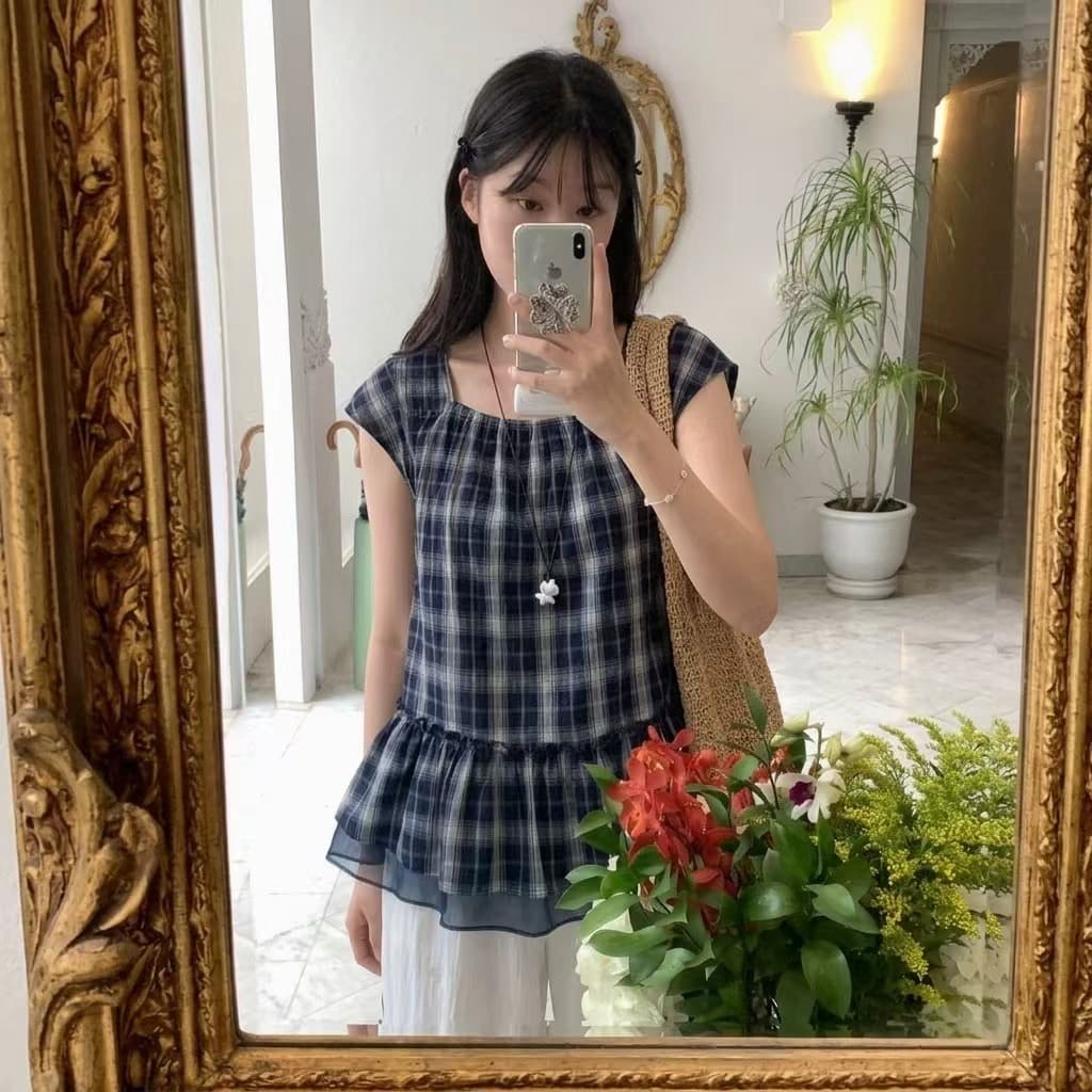 chic 한 부서 디자인 센스 흑인과 백인 그리드 민소매 작은 셔츠 이미지 3