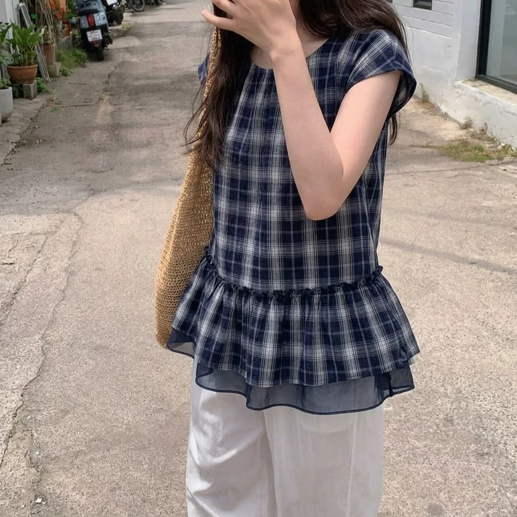 chic 한 부서 디자인 센스 흑인과 백인 그리드 민소매 작은 셔츠 상세 이미지 6