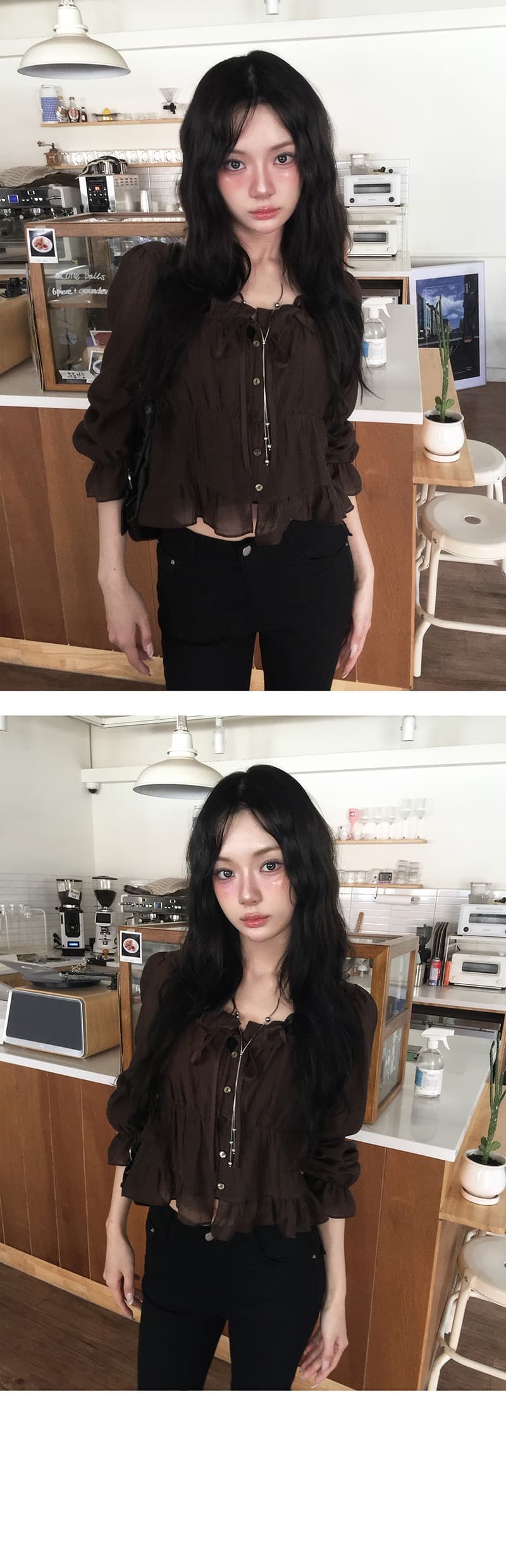 재고 있음 chic 학원 스타일 달콤함 연령 감소 목이버섯 주름 쇼트 스타일 셔츠 상세 이미지 9