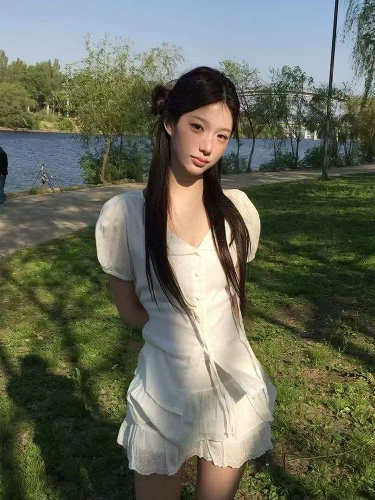 재고 있음 한지옌스 소녀 센스 레트로 자수 허리 레이스업 허리 수축 수 있습니다. 조정 반팔 셔츠 이미지 3
