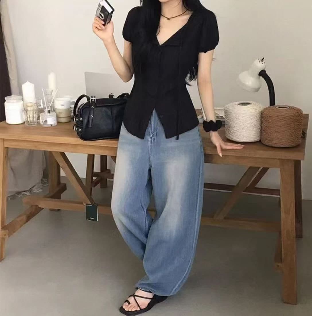재고 있음 한지옌스 소녀 센스 레트로 자수 허리 레이스업 허리 수축 수 있습니다. 조정 반팔 셔츠 이미지 4