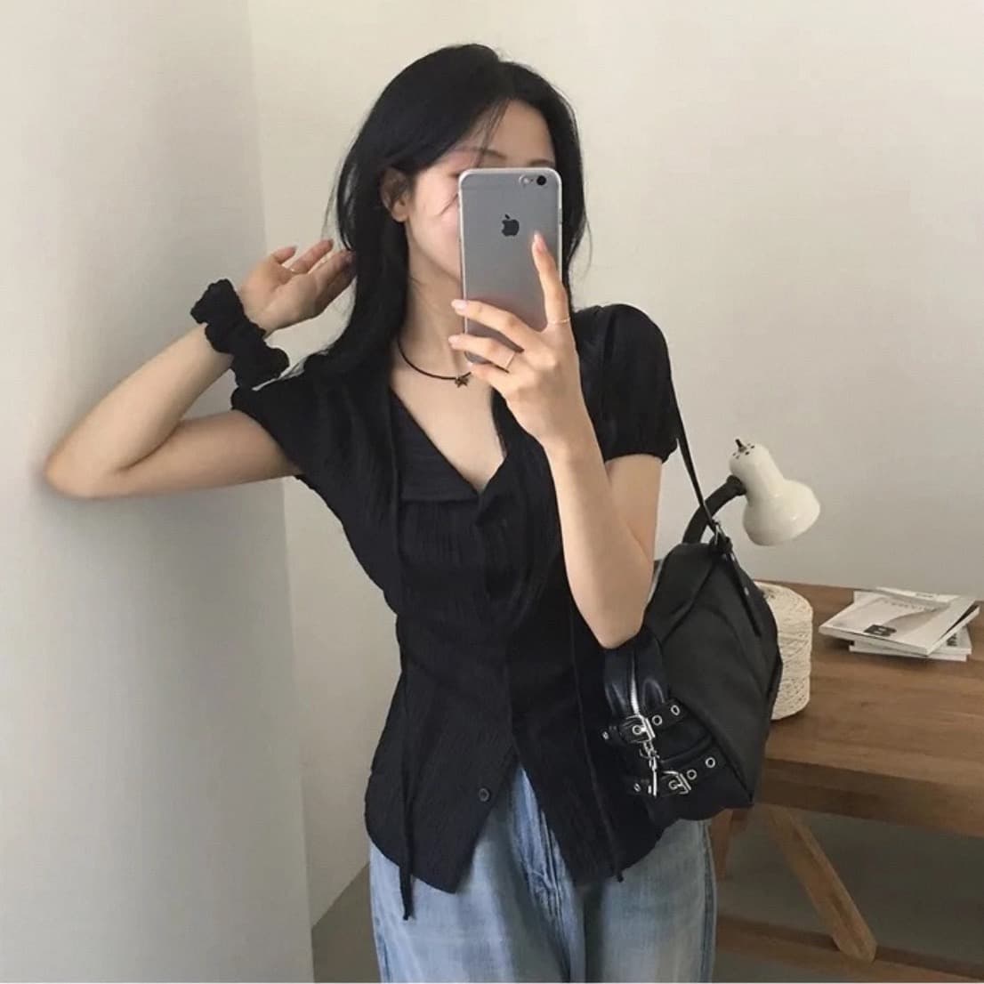 재고 있음 한지옌스 소녀 센스 레트로 자수 허리 레이스업 허리 수축 수 있습니다. 조정 반팔 셔츠 이미지 2