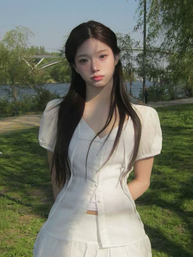 재고 있음 한지옌스 소녀 센스 레트로 자수 허리 레이스업 허리 수축 수 있습니다. 조정 반팔 셔츠 상세 이미지 6