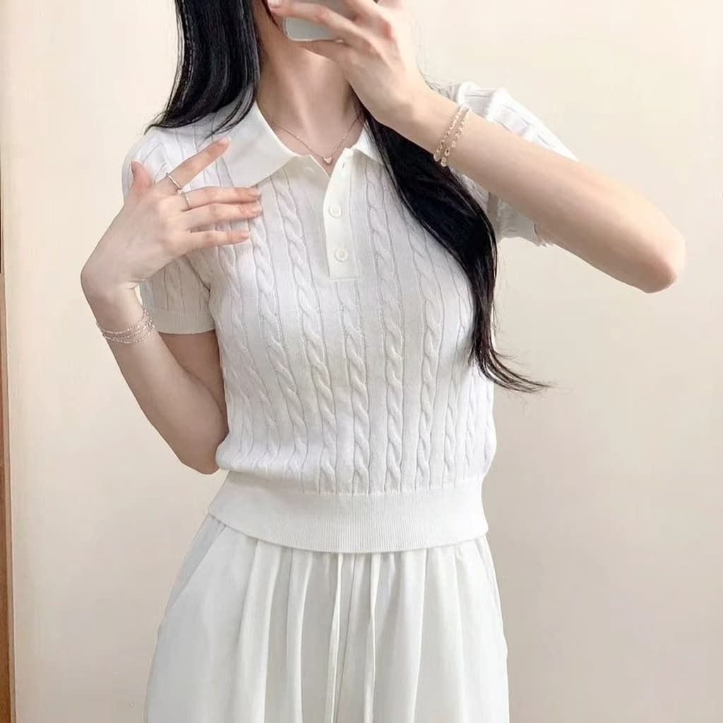 chic 한 부서 POLO 칼라 마 무늬 니트 반팔 여성 이미지 2