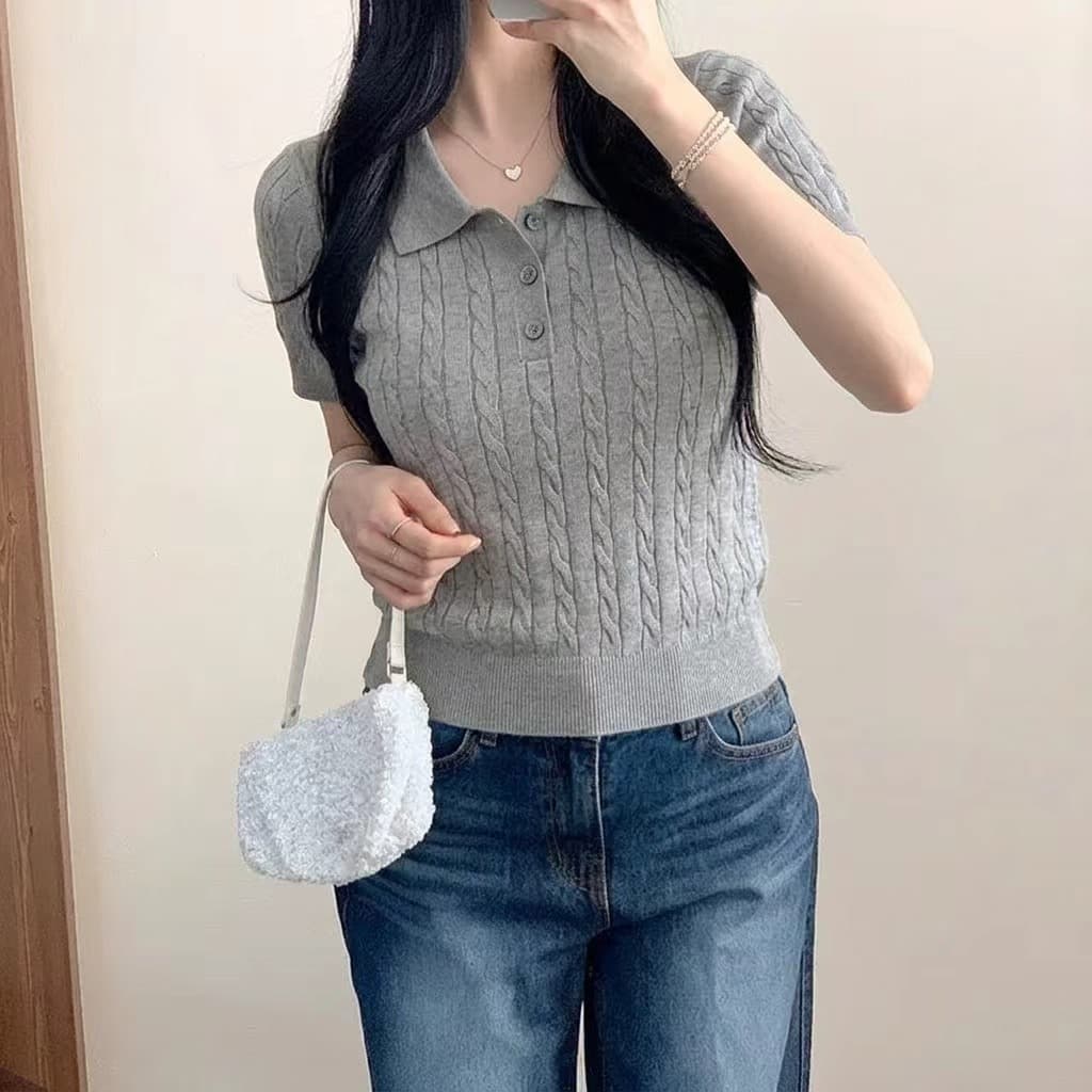 chic 한 부서 POLO 칼라 마 무늬 니트 반팔 여성