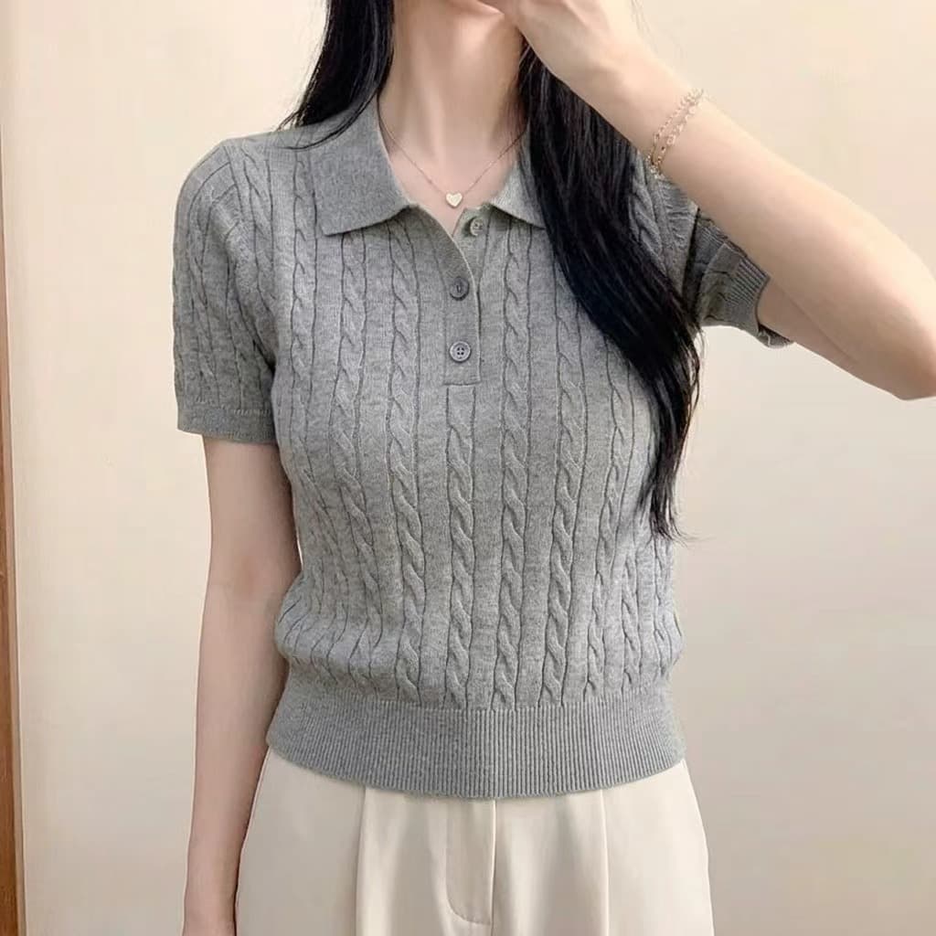 chic 한 부서 POLO 칼라 마 무늬 니트 반팔 여성 상세 이미지 5