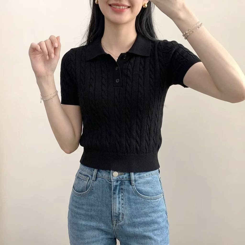 chic 한 부서 POLO 칼라 마 무늬 니트 반팔 여성 상세 이미지 7