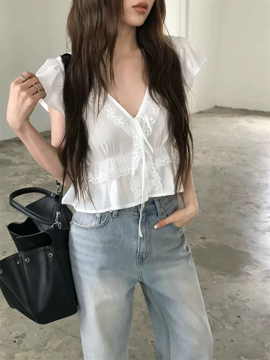 chic 레이스 V넥 거품 소매 여성 셔츠 프릴 레이스업 작은 셔츠