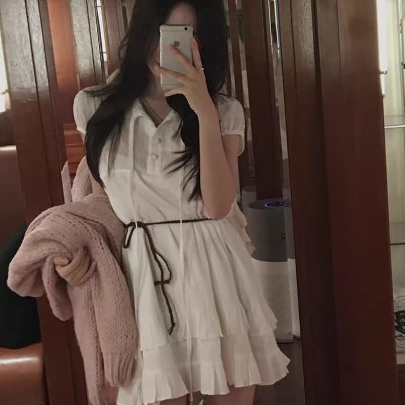 재고 있음 chic 달콤함 이중층 프릴 레이스업 반 개방 칼라 작은 키 드레스 이미지 3