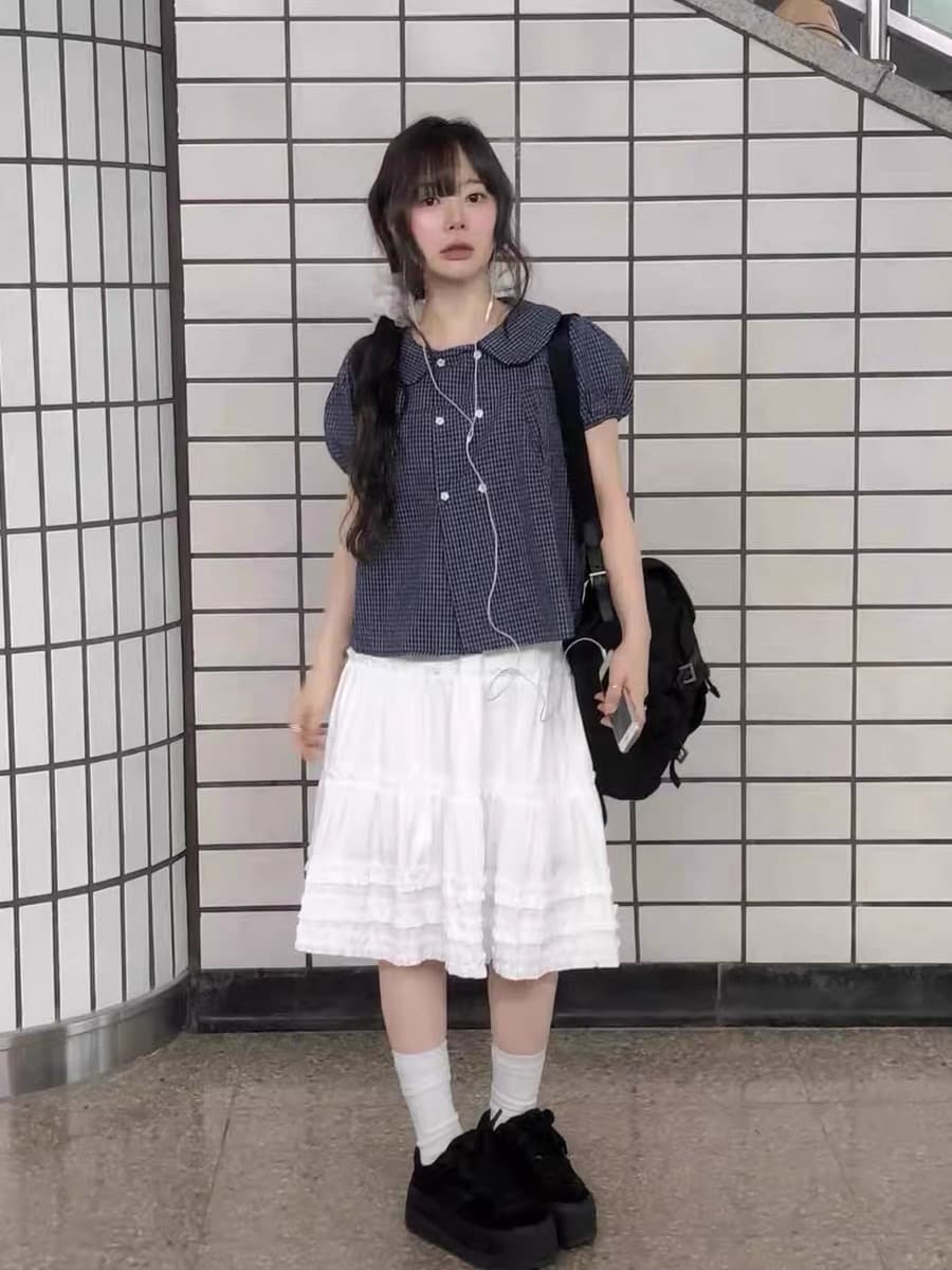 재고 있음 2026 새로운 한국 스타일 패션 다용도 레트로 베이비 칼라 체크무늬 맨위 여성 이미지 4