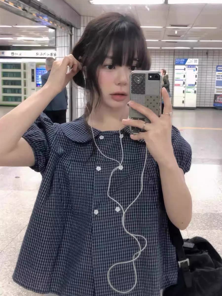 재고 있음 2026 새로운 한국 스타일 패션 다용도 레트로 베이비 칼라 체크무늬 맨위 여성 상세 이미지 3