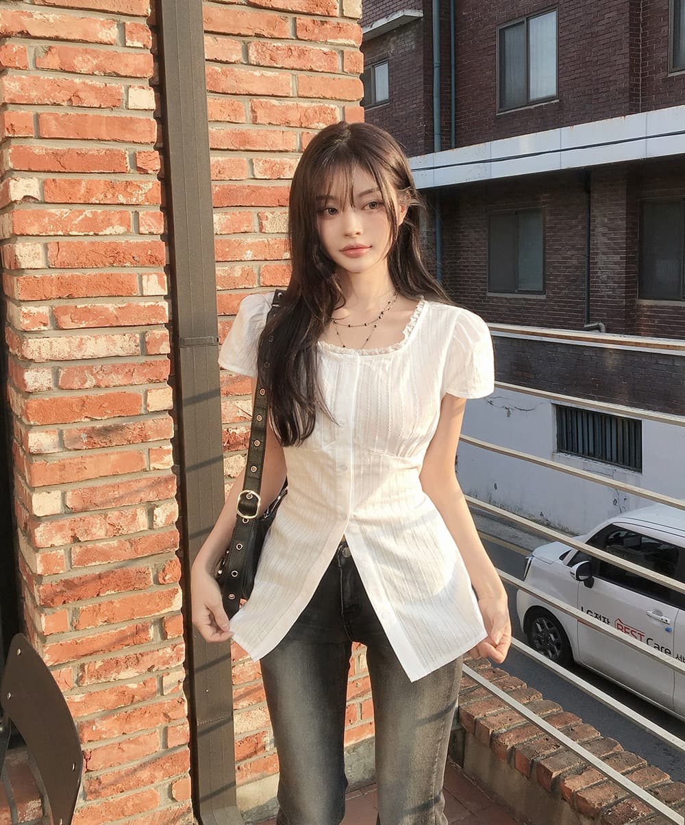 재고 있음 한국 chic 품격 미니멀리즘 광장 칼라 레이스업 허리 수축 셔츠 상세 이미지 2
