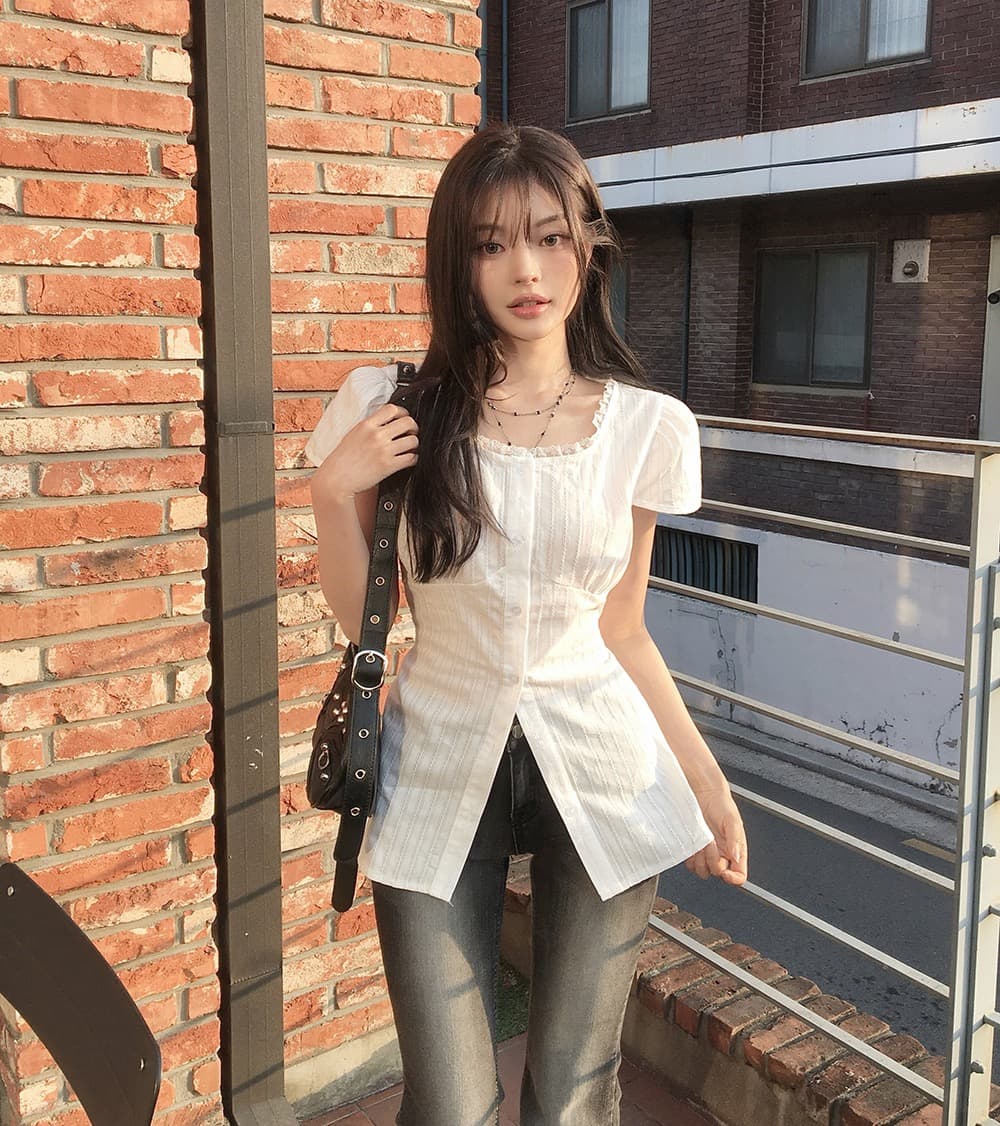 재고 있음 한국 chic 품격 미니멀리즘 광장 칼라 레이스업 허리 수축 셔츠 상세 이미지 3